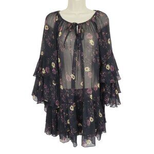 Free People Womens Small Sheer Floral Flower Long Sleeve Ruffle Blouse Shirt Top